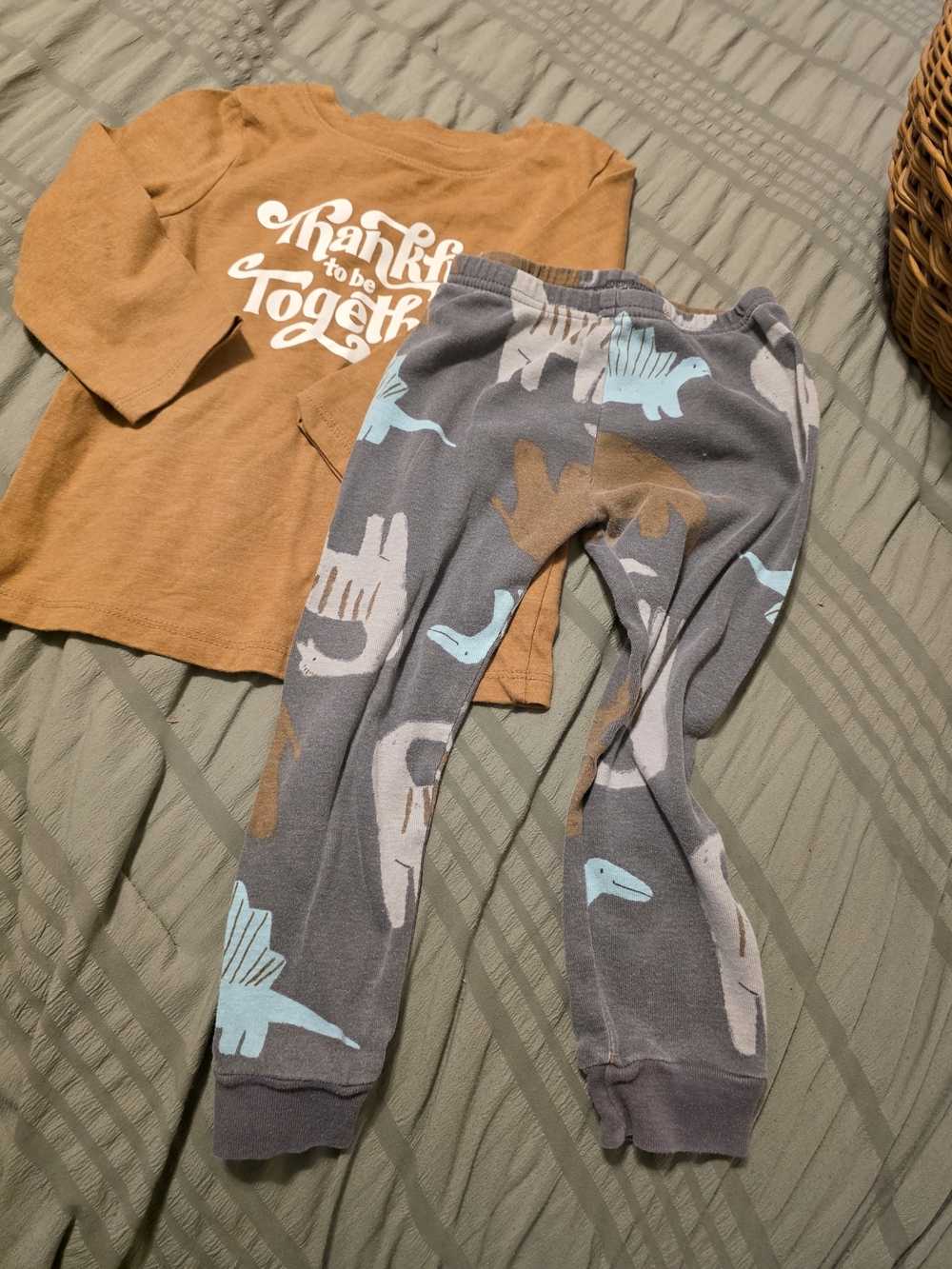 Carter's Gray Leggings with  Dinosaur Print & Thankful Shirt.